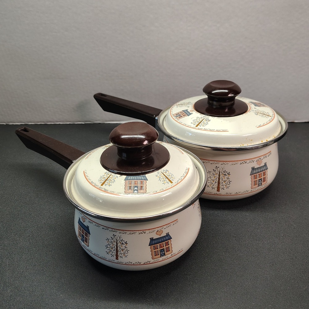 Vintage Rare Enamel Saucepan Set (Cottagecore Country House)
